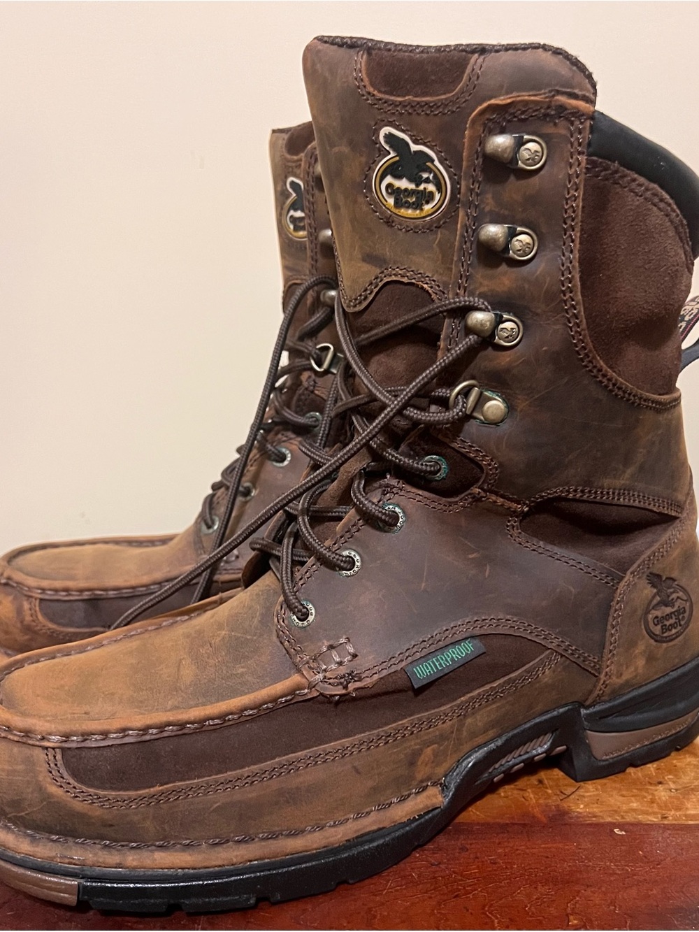 Georgia Boot Brown Leather Waterproof Work Boots with Black Soles